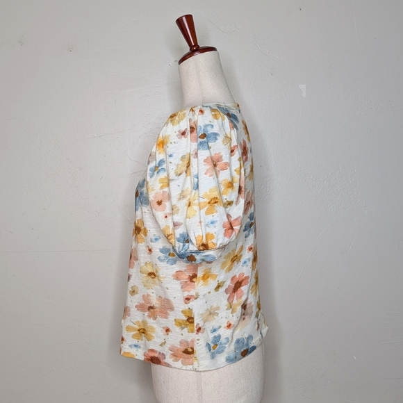By Anthropologie Floral Puff-Sleeve Scoop-Neck Top Size Small - Picture 4 of 8